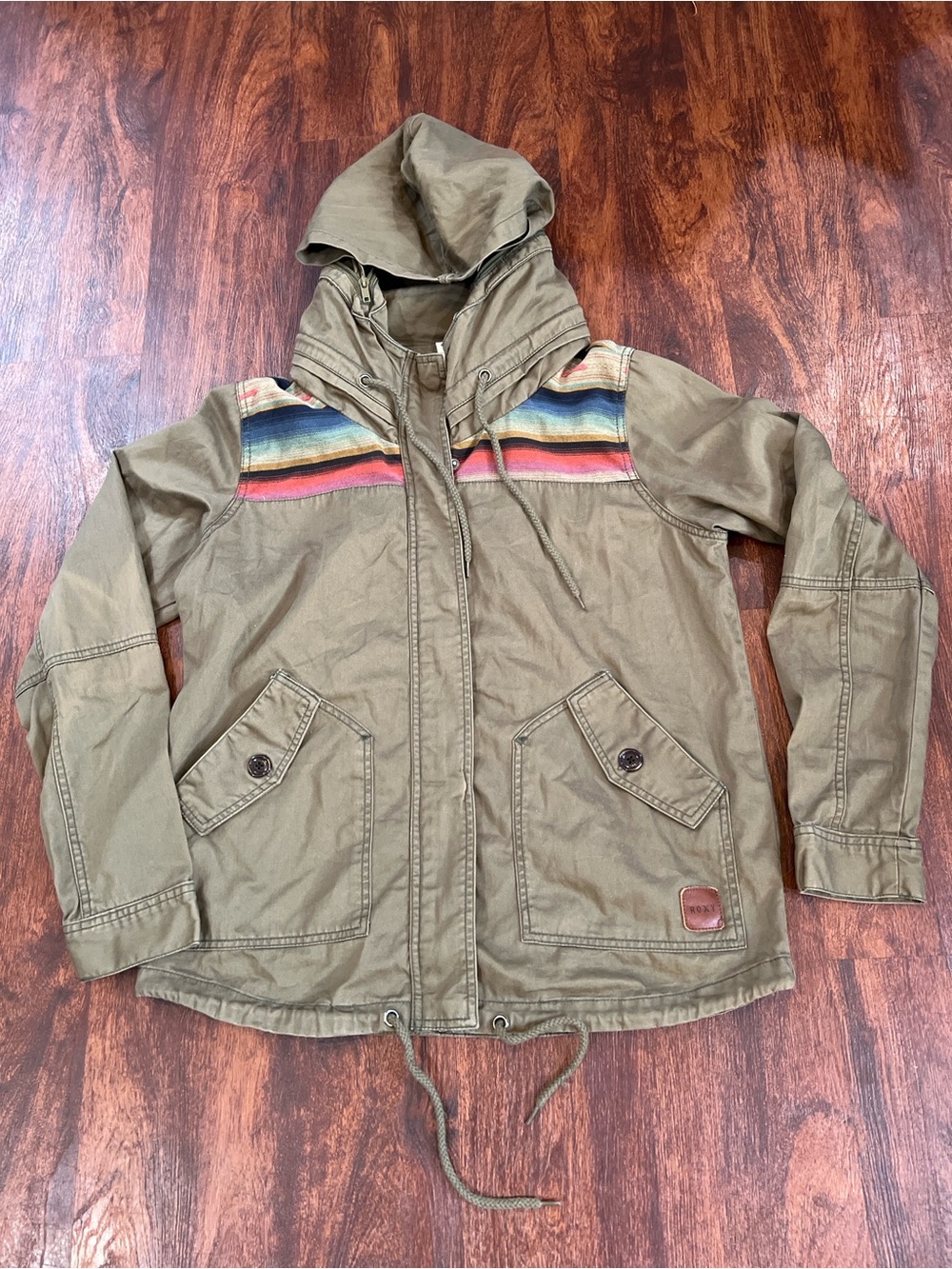 Roxy Olive Green Hooded Jacket with Multicolor Shoulder Stripes